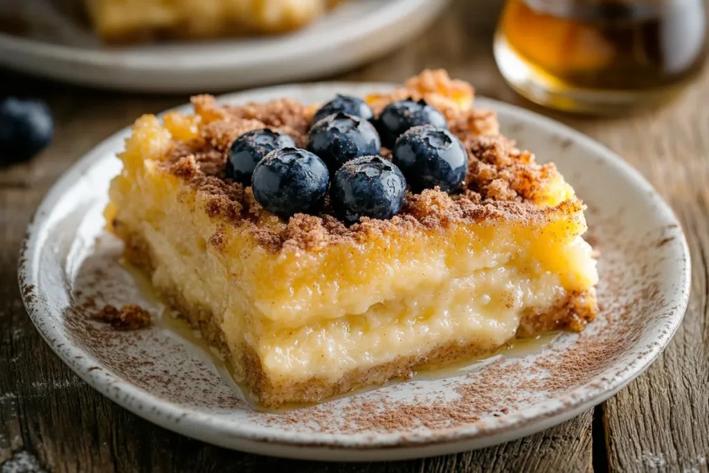 Slice of French toast bake with custard layers and cinnamon streusel.