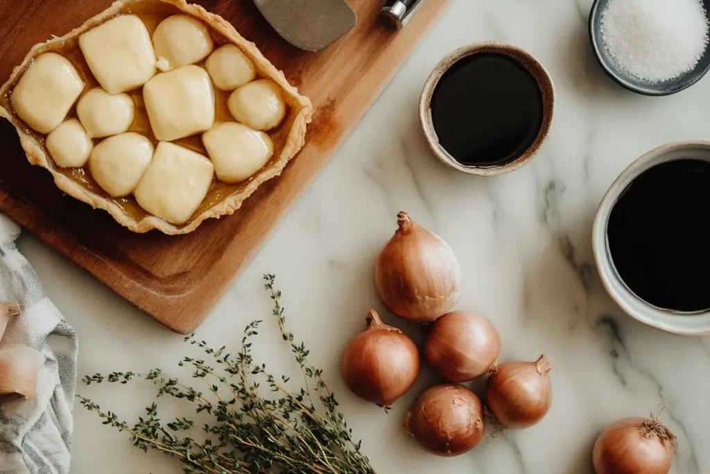 Ingredients for achalote tarte tatin on a marble countertop