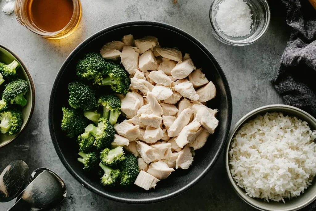 Key ingredients for Chicken Broccoli Rice Casserole