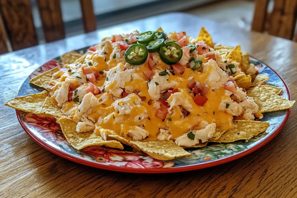 Crabby cheesy nachos with guacamole and salsa.