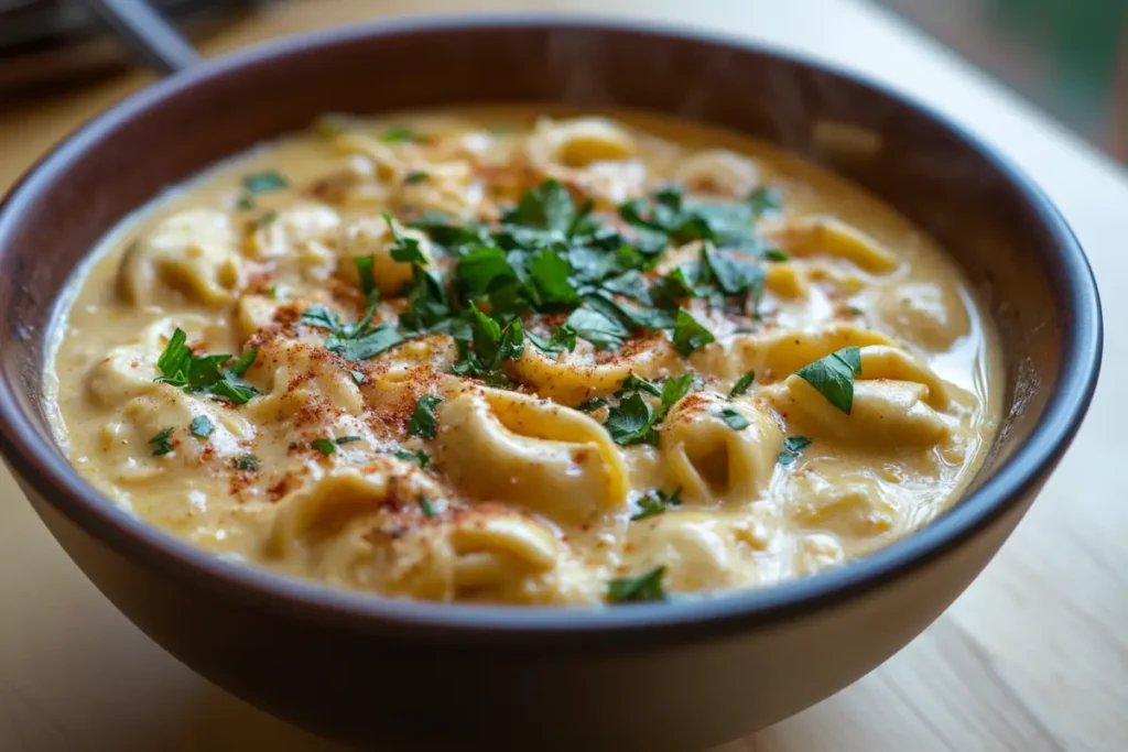 Ingredients for creamy tortellini soup displayed on a countertop.