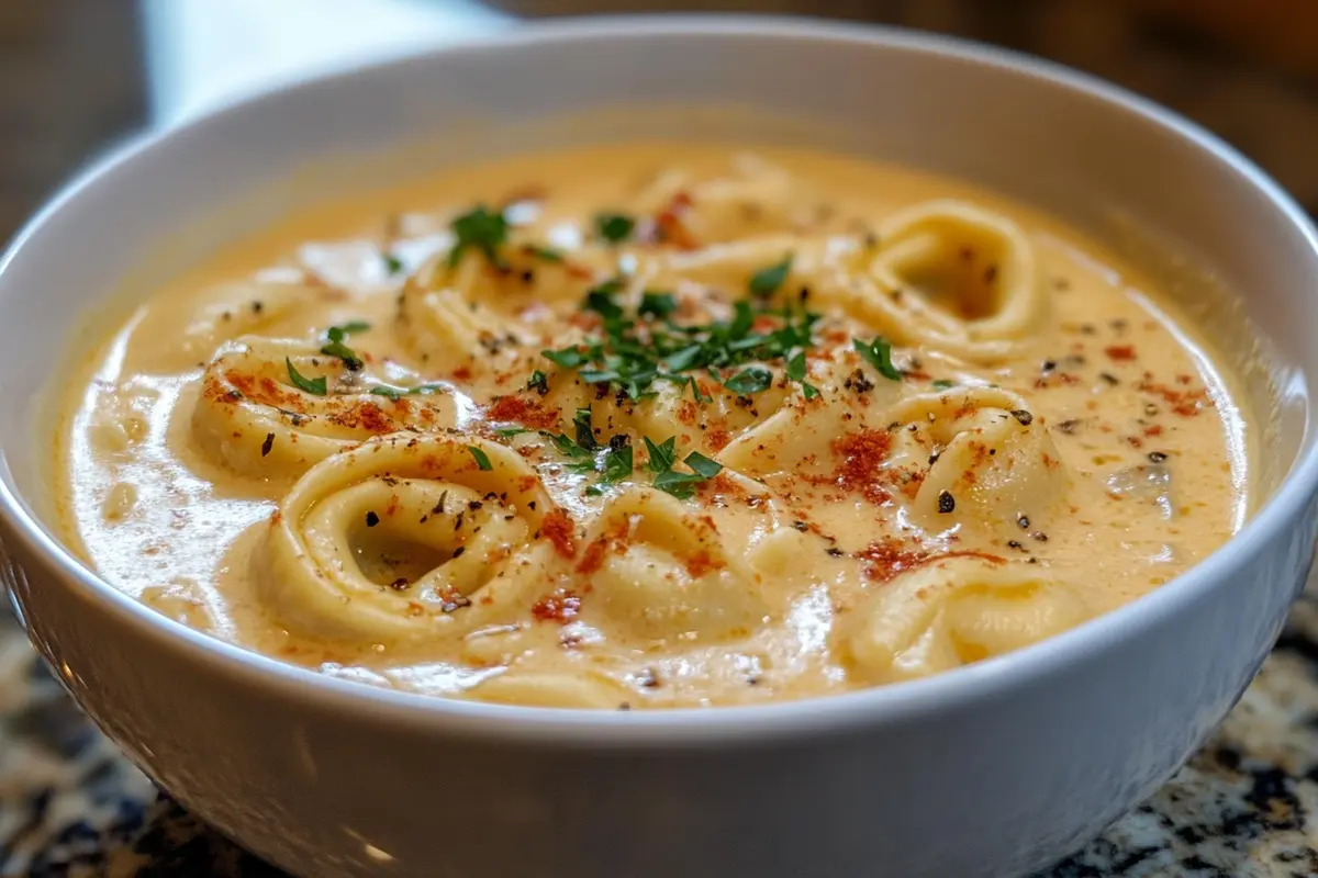 A bowl of creamy tortellini soup on a wooden table with fresh ingredients.