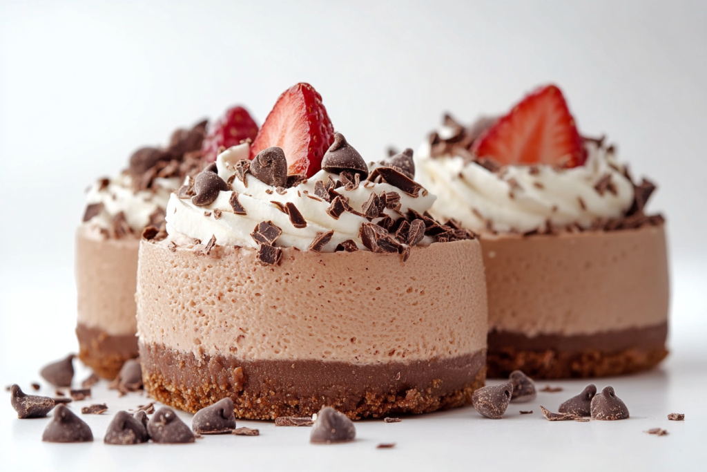 A decadent low-carb chocolate cottage cheese mousse in a glass bowl topped with fresh mint leaves and cocoa dusting.