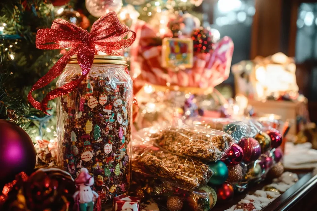 Gift packaging ideas for Christmas Bark with festive wrapping.