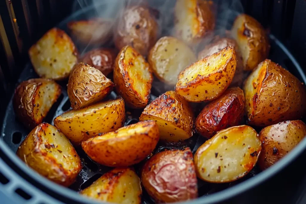 Crispy roasted potatoes in an air fryer basket with steam.