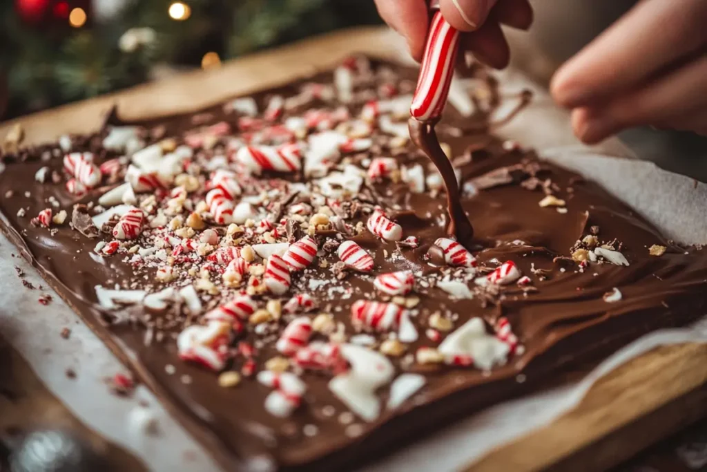 Step-by-step Christmas Bark preparation with chocolate and toppings.