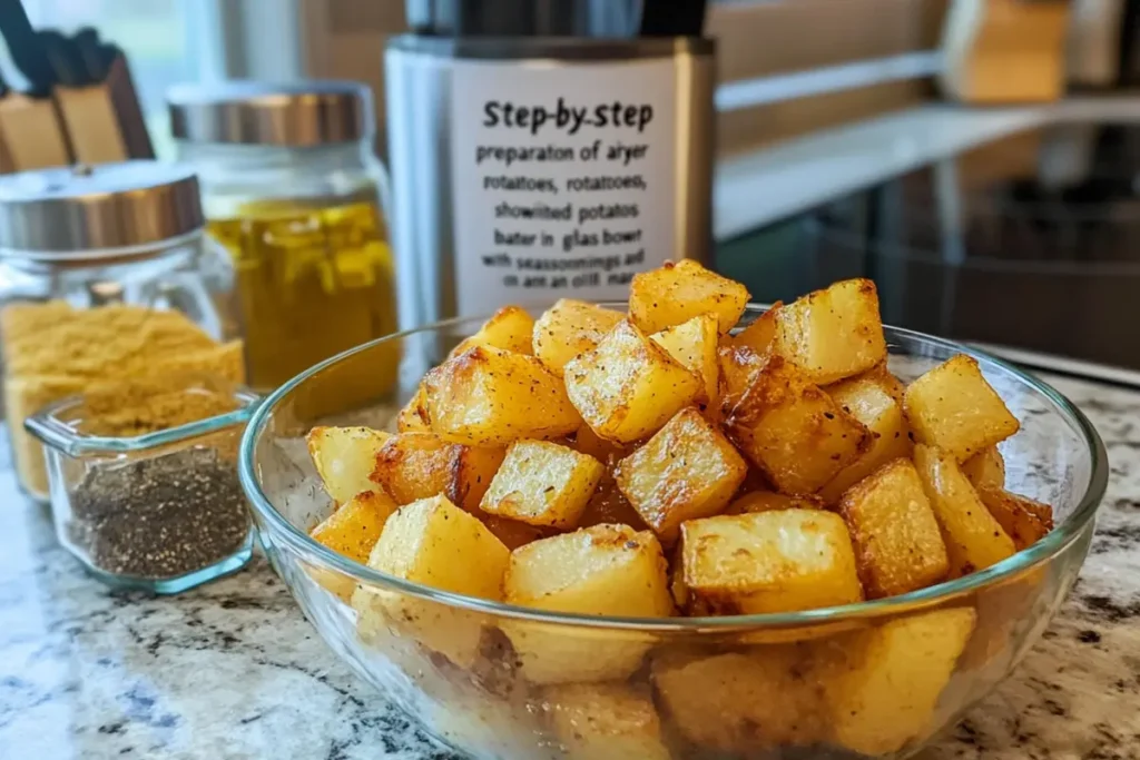  Diced potatoes soaking in water for air fryer preparation.