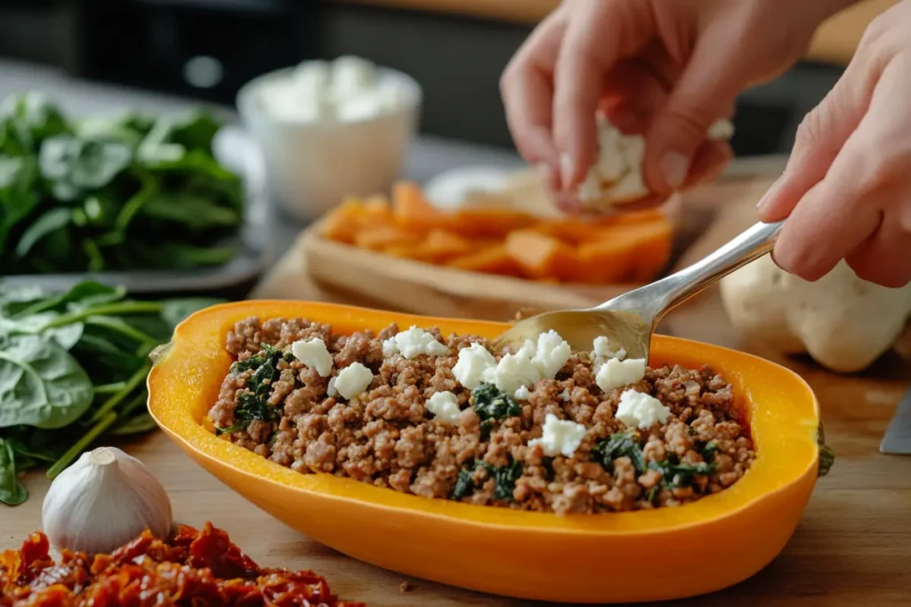  Preparing stuffed butternut squash with fresh ingredients.