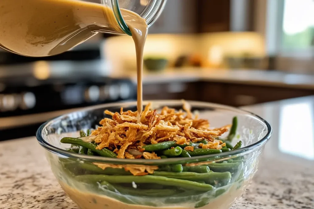 Step-by-step process of preparing green bean casserole.