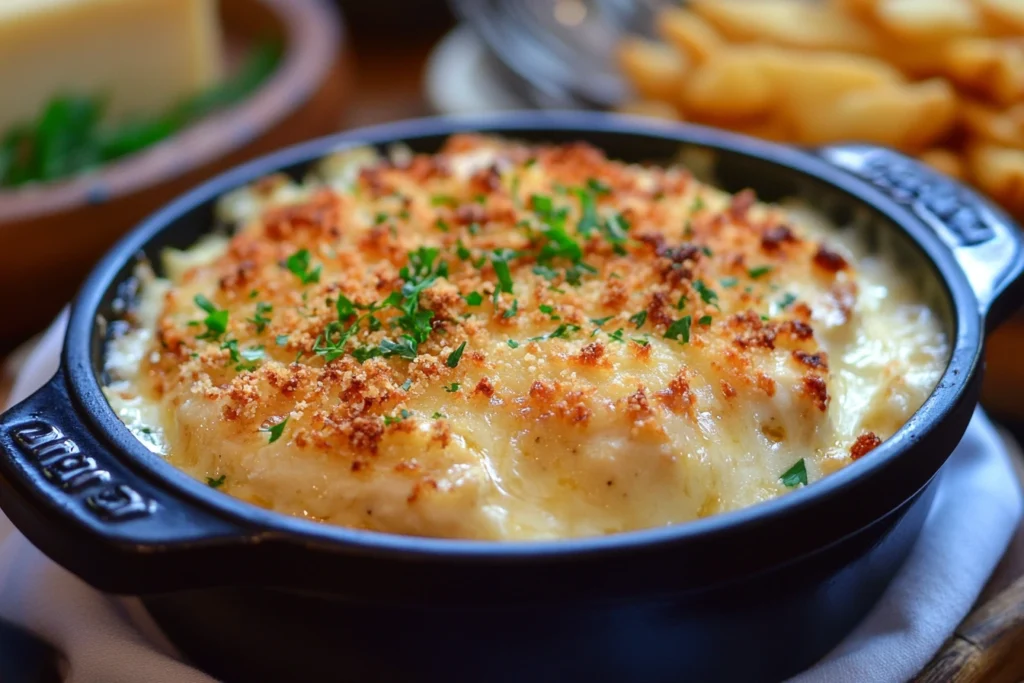 Baked Swiss Chicken with melted cheese and crispy breadcrumbs served with mashed potatoes.