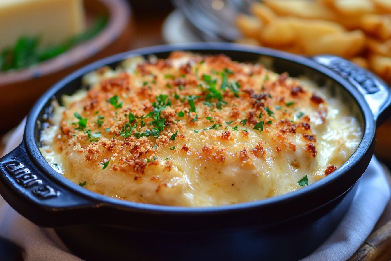 Baked Swiss Chicken with melted cheese and crispy breadcrumbs served with mashed potatoes.