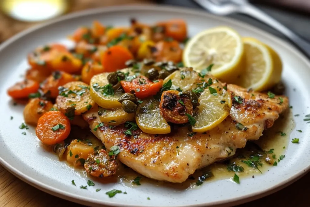 Chicken of the woods picatta with lemon, capers, and roasted vegetables.