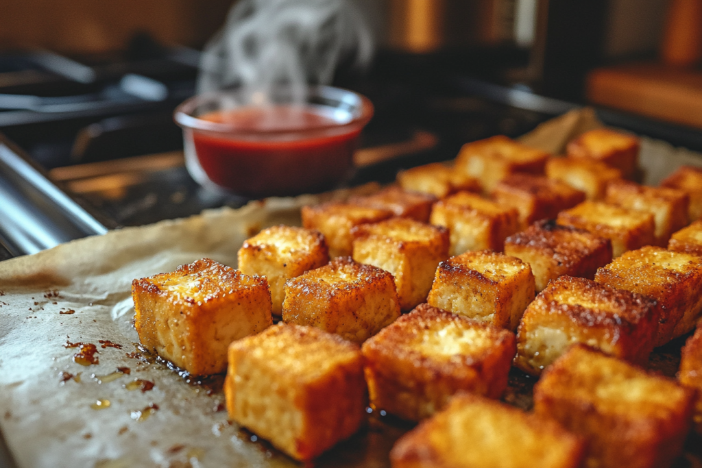  Crispy baked tofu cubes on a parchment-lined baking sheet.