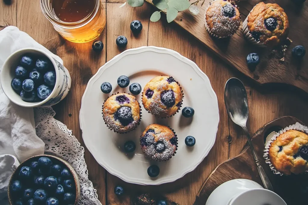 Blueberry muffins with honey and fresh blueberries.