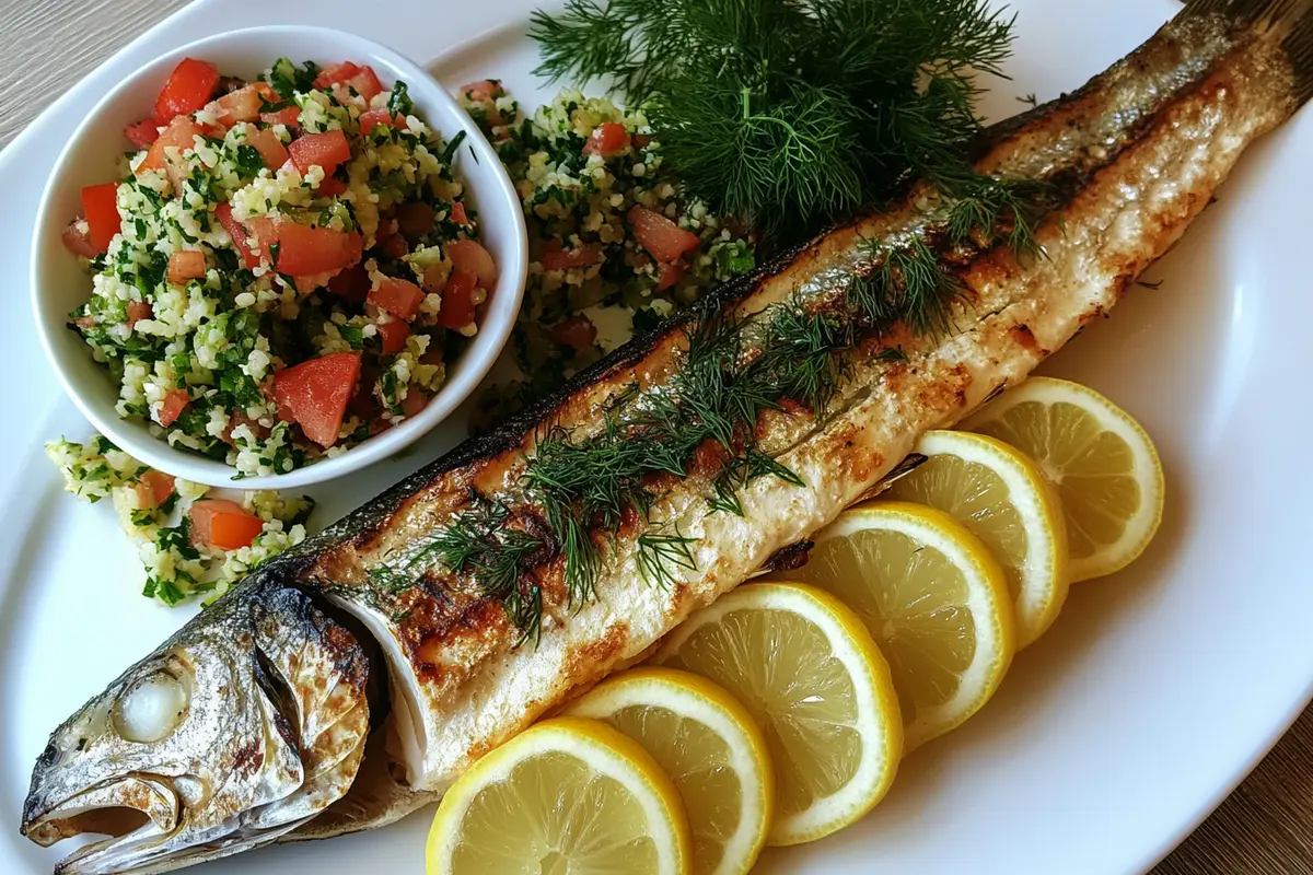 "Grilled whiting fish with lemon and tabbouleh on a rustic table.