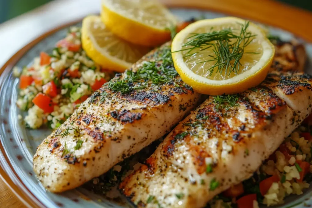 Grilled whiting fish with lemon and tabbouleh on a rustic table.