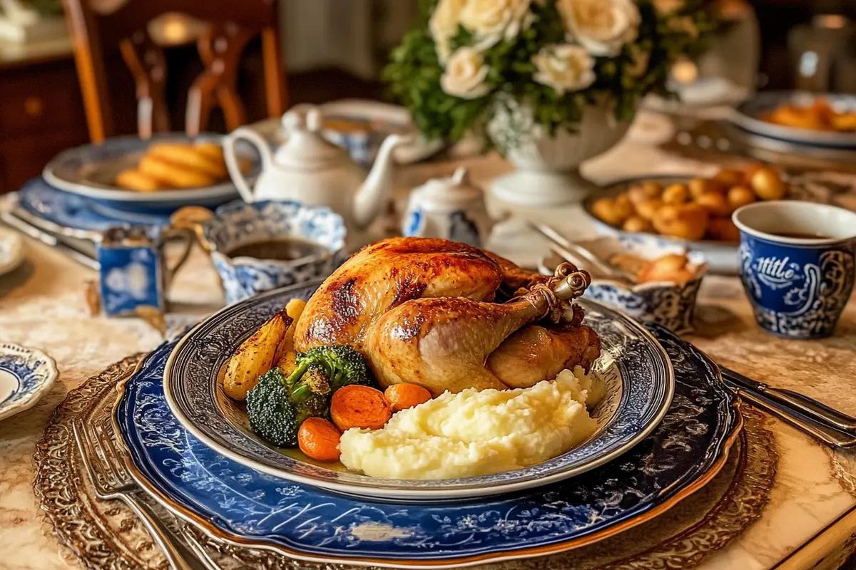Golden roast chicken on a dinner table with sides
