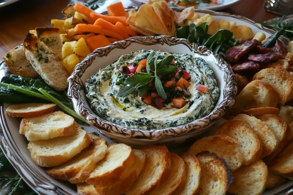 Appetizer tray with spinach dip and chips