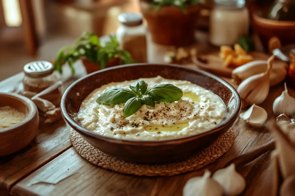 Creamy Alfredo pasta garnished with herbs on a rustic dinner table.