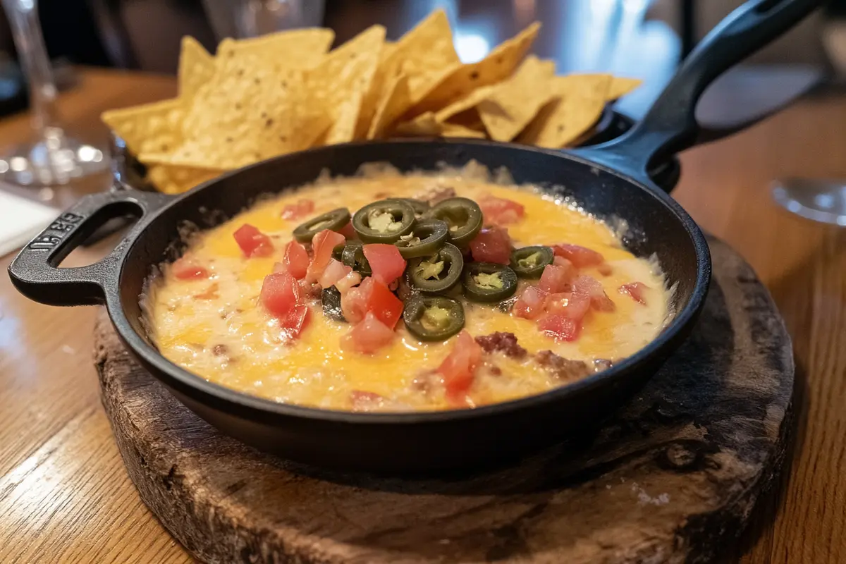 Skillet of smoked queso with chips and smoky ingredients.