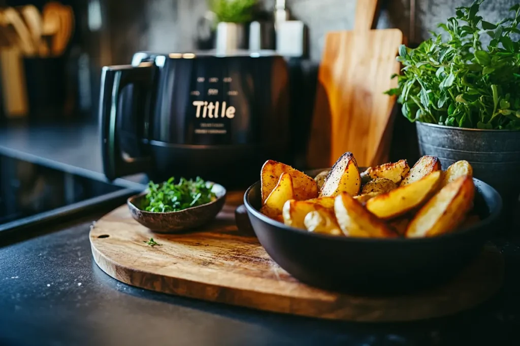 Crispy Potato Wedges in an Air Fryer on a Kitchen Counter