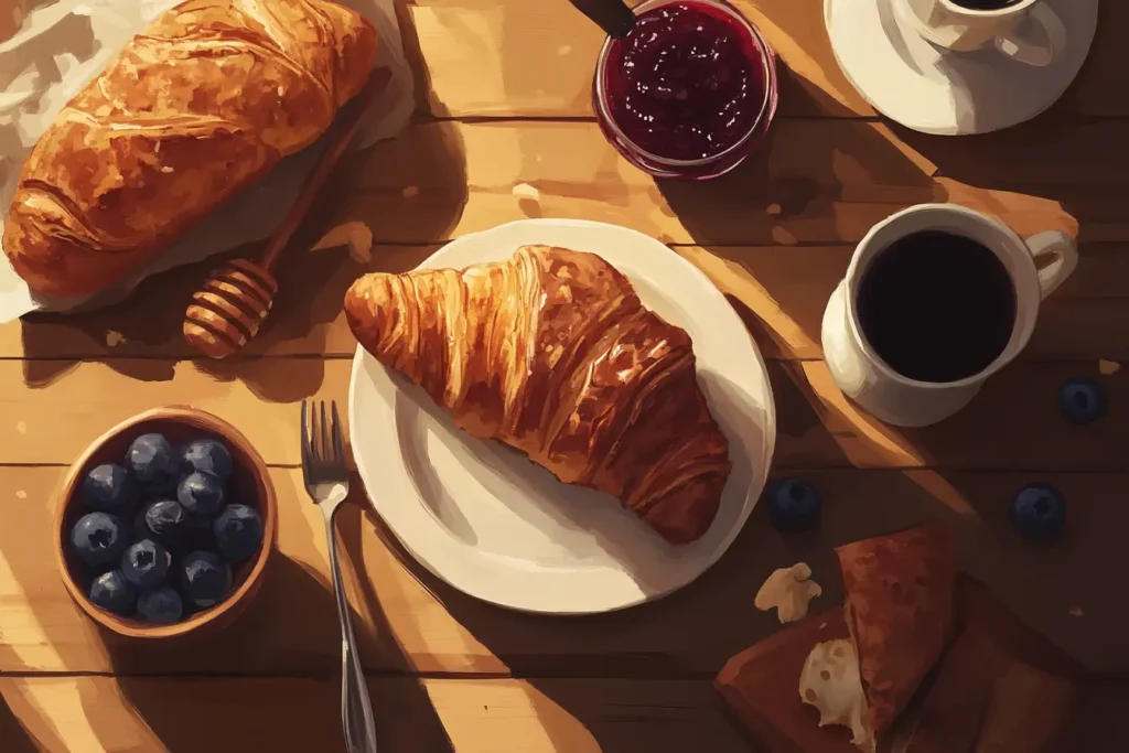 Overhead view of a delicious French breakfast spread with classic items.