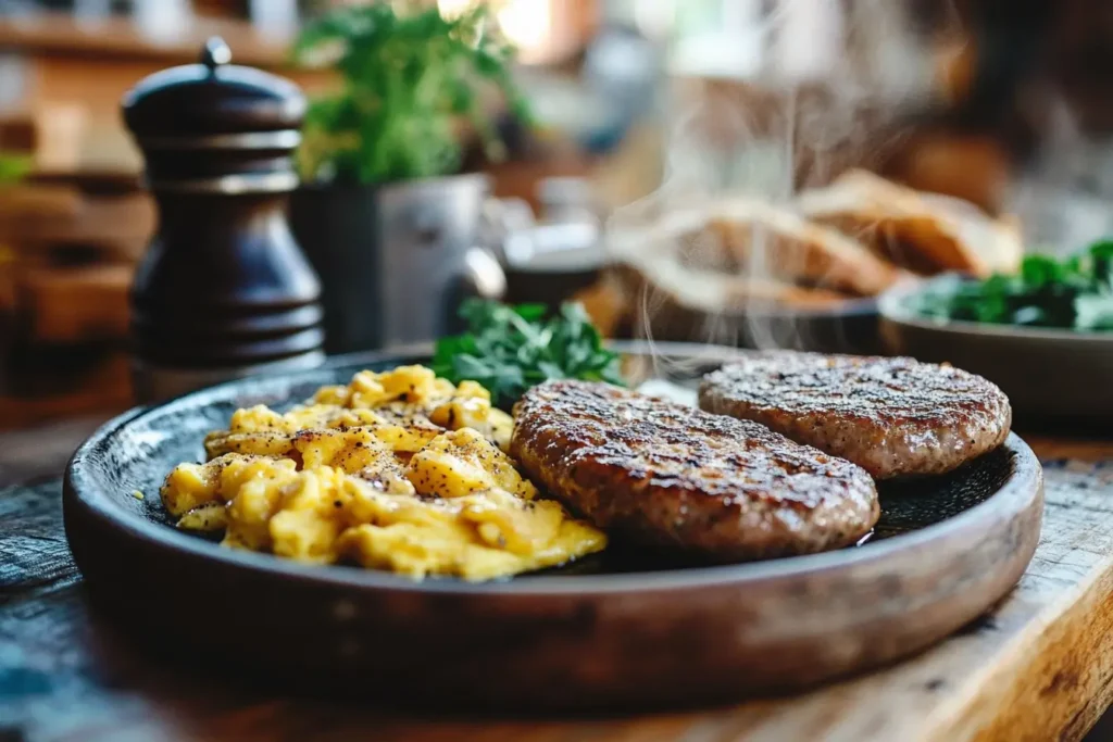 Homemade breakfast sausage patties served with scrambled eggs and toast on a rustic kitchen table.