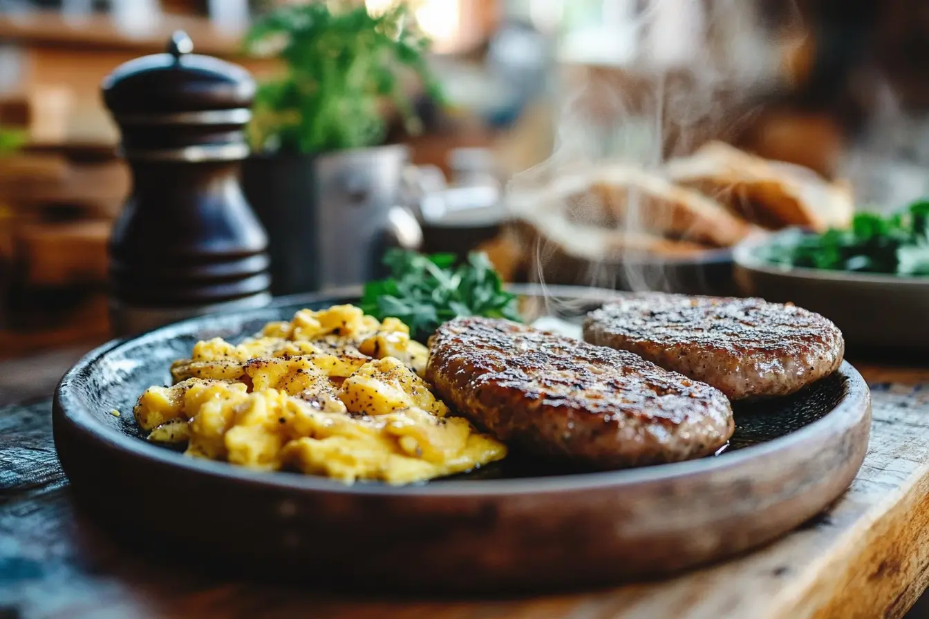 Homemade breakfast sausage patties served with scrambled eggs and toast on a rustic kitchen table.