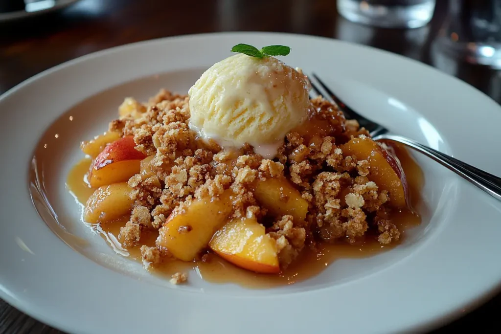 Peach crumble served with vanilla ice cream on a dessert plate