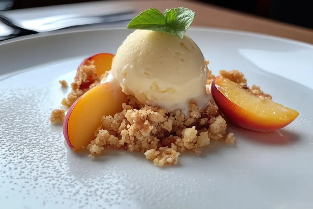 Peach crumble served with vanilla ice cream on a dessert plate.