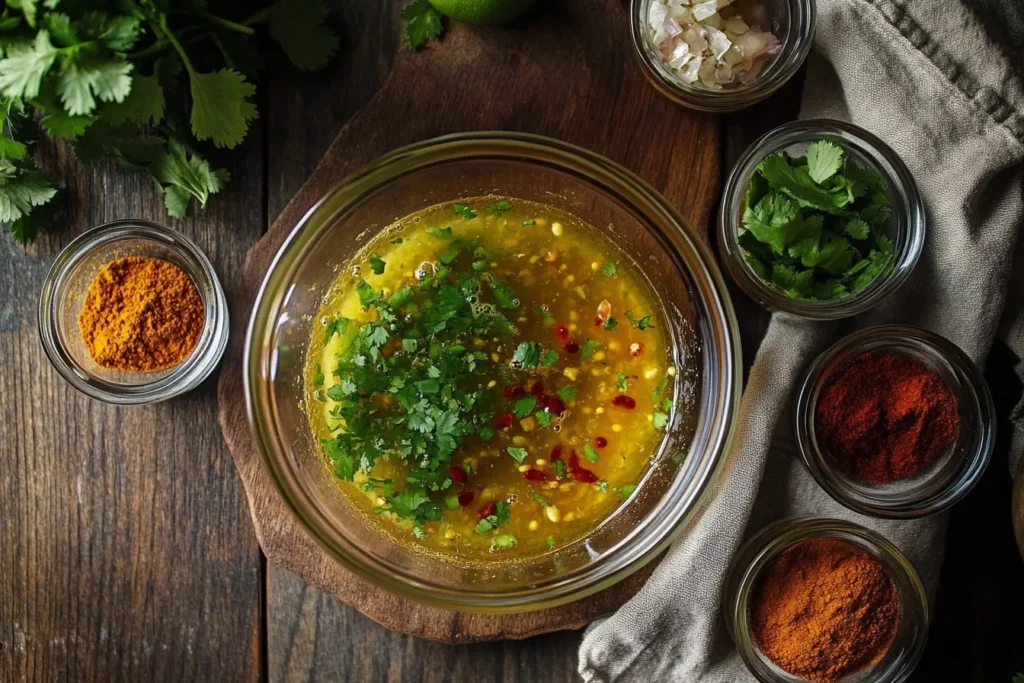  Tex-Mex chicken marinade ingredients in a bowl with spices.