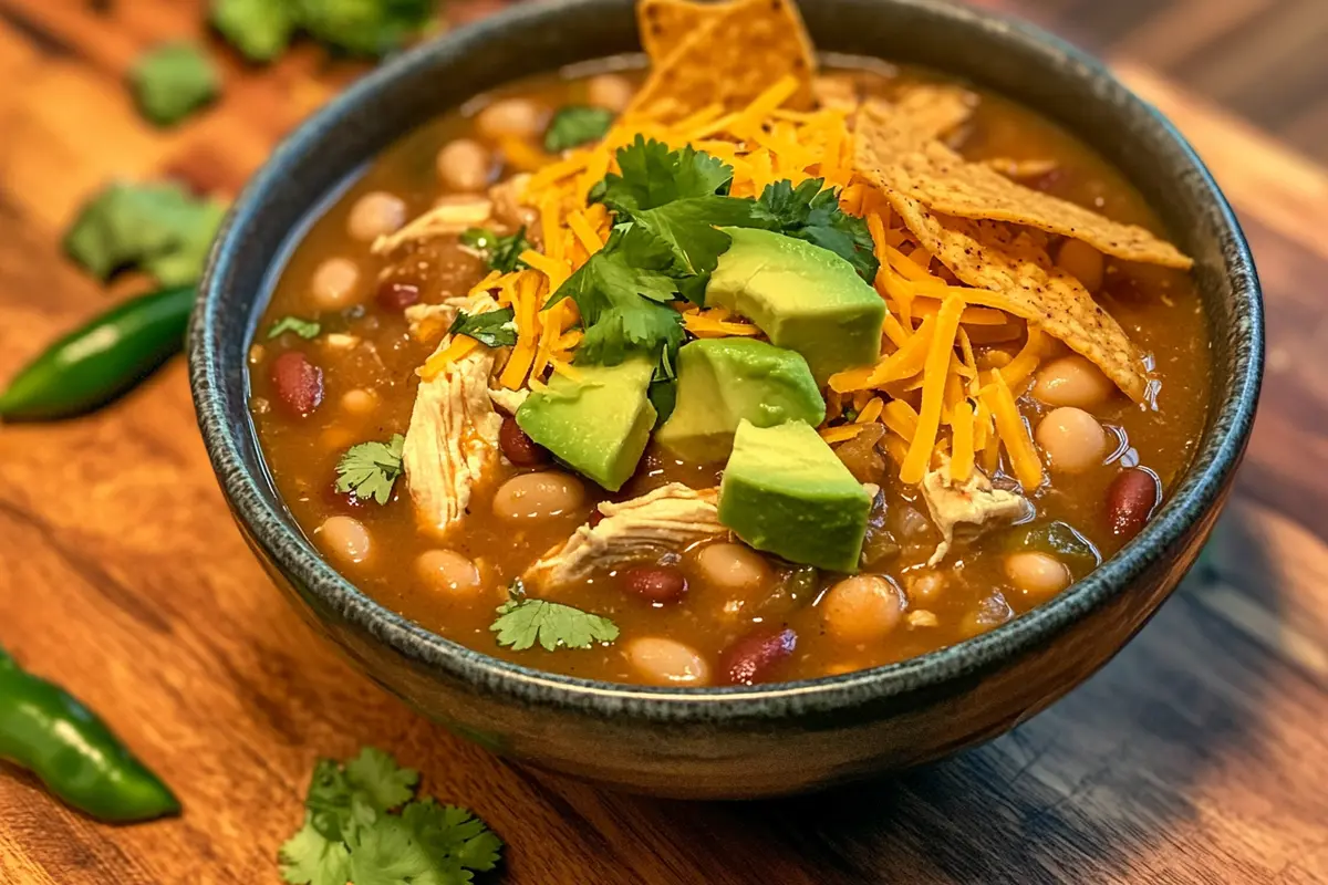 Creamy white chicken chili with toppings in a rustic setting