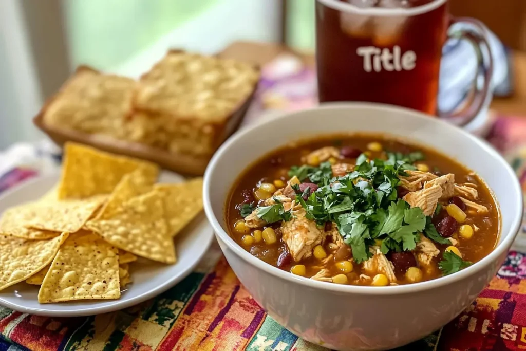 White chicken chili with cornbread and iced tea