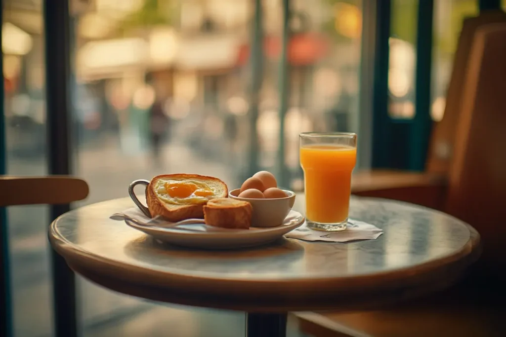 Savory French breakfast options at a Parisian cafe.