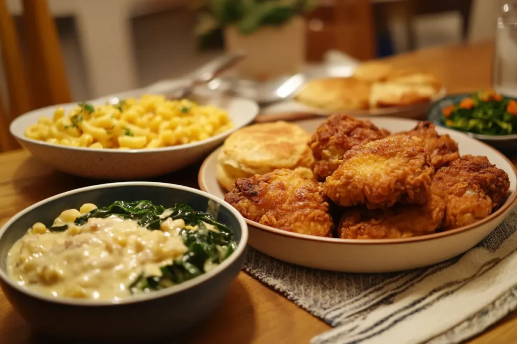 Southern fried chicken with biscuits, gravy, and mac and cheese