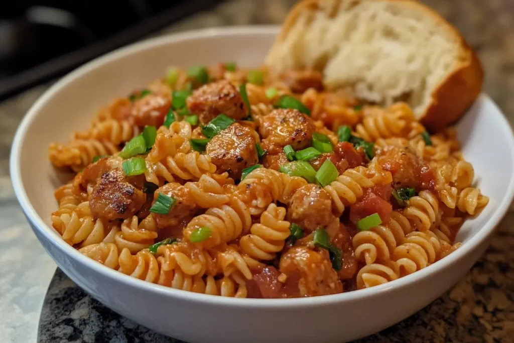 A bowl of pastalaya garnished with green onions and served with French bread.