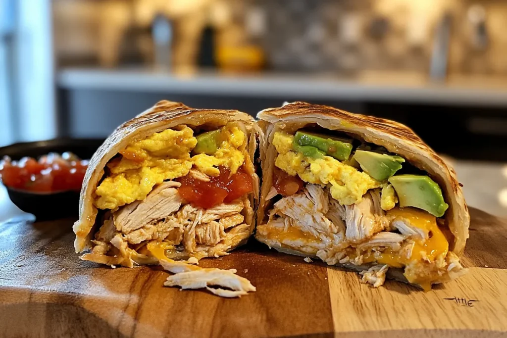 Chicken breakfast burrito with eggs and avocado