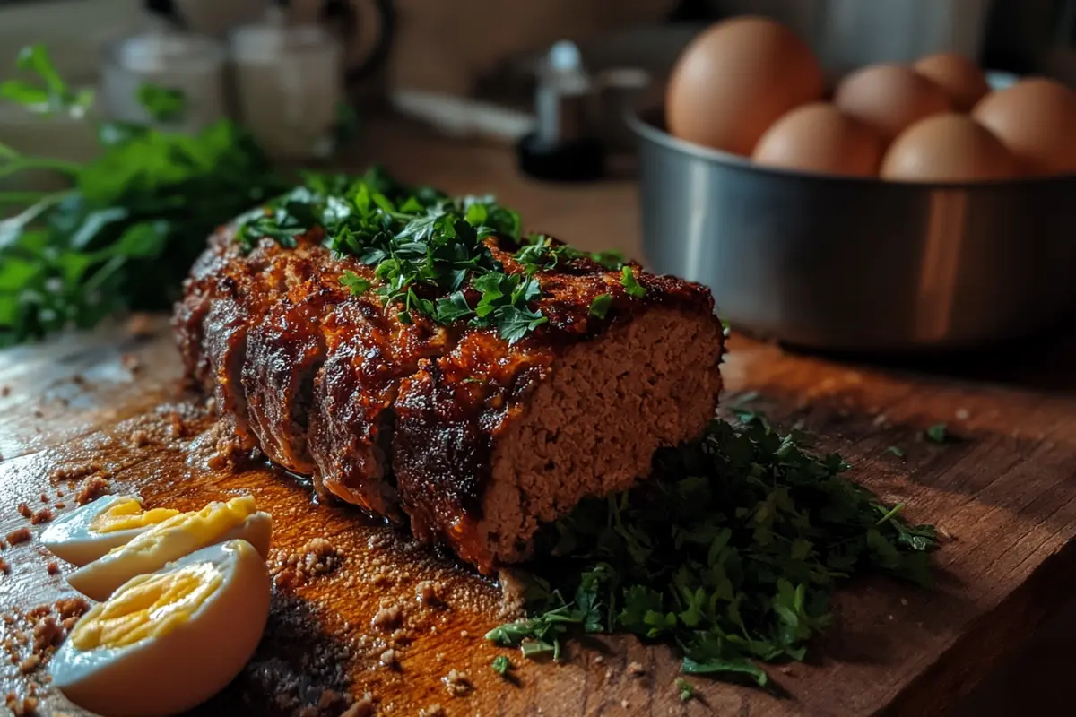 Freshly baked meatloaf sliced with parsley garnish.