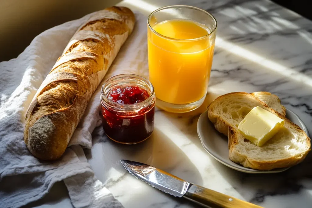 Homemade French breakfast with baguette, butter, and jam.