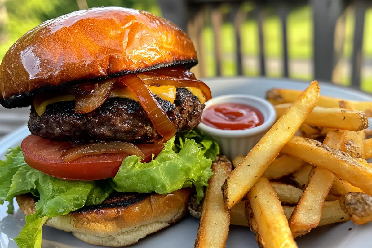 Juicy venison burger with toppings on a brioche bun