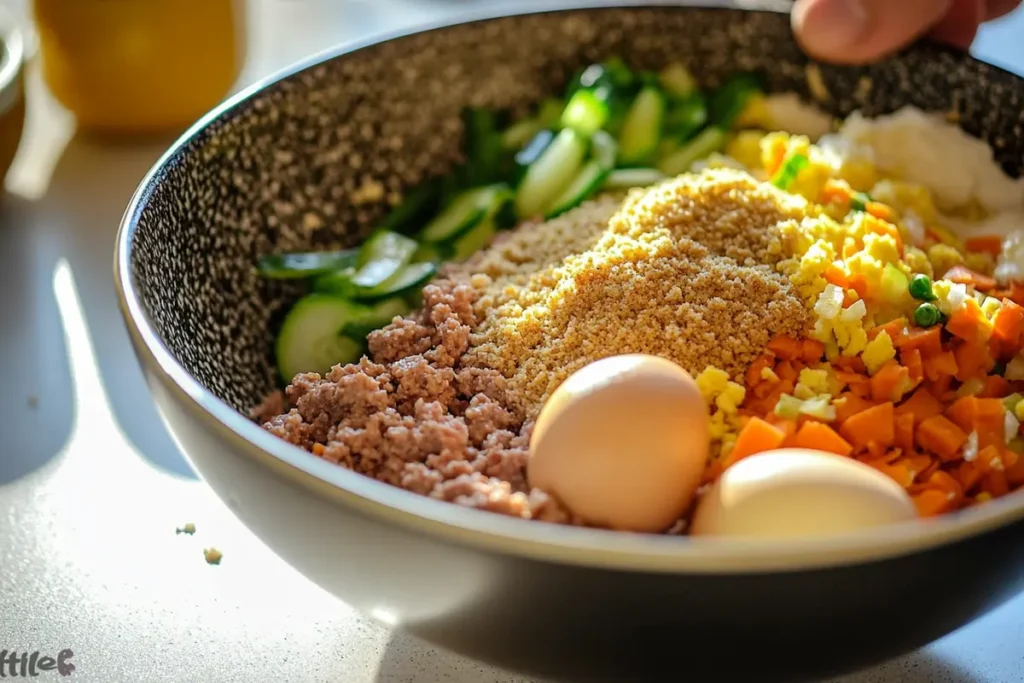 Mixing ground beef, eggs, and breadcrumbs in a bowl.