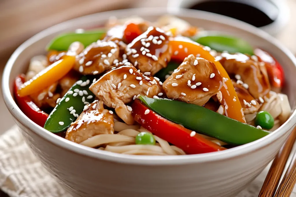 Asian stir-fry with chicken of the woods mushrooms and vegetables.