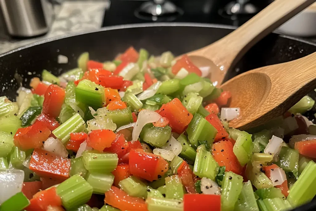Close-up of Cajun holy trinity vegetables being sautéed in a skillet.
