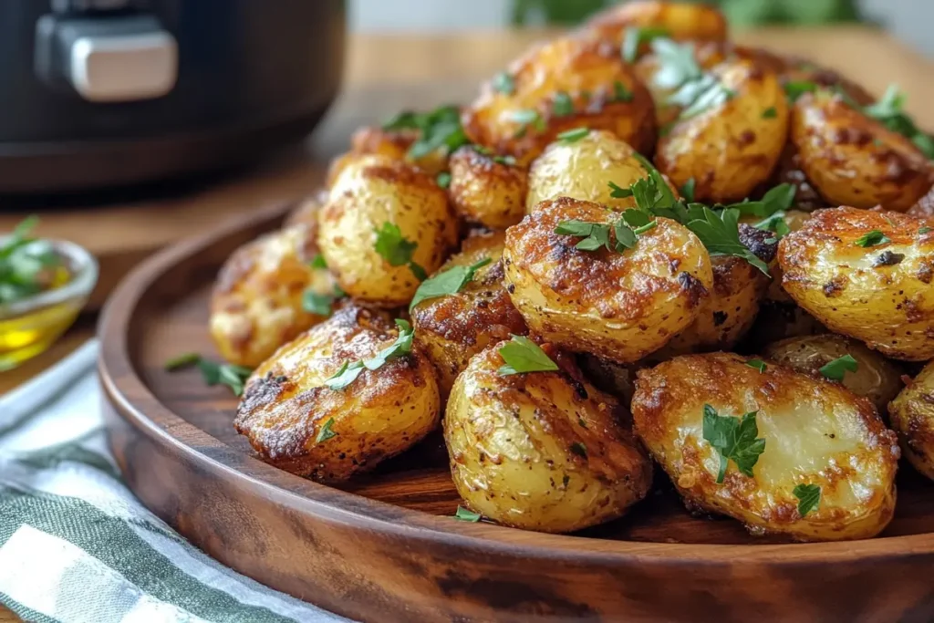 Perfectly crispy air fryer potatoes served on a rustic wooden plate.