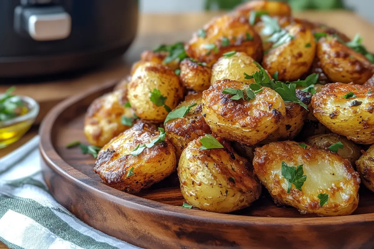 Perfectly crispy air fryer potatoes served on a rustic wooden plate.