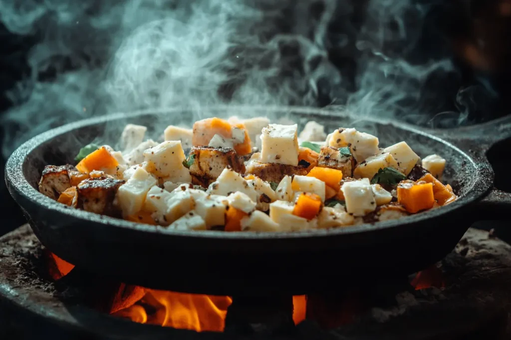  Cast-iron skillet with smoked queso ingredients in a smoker