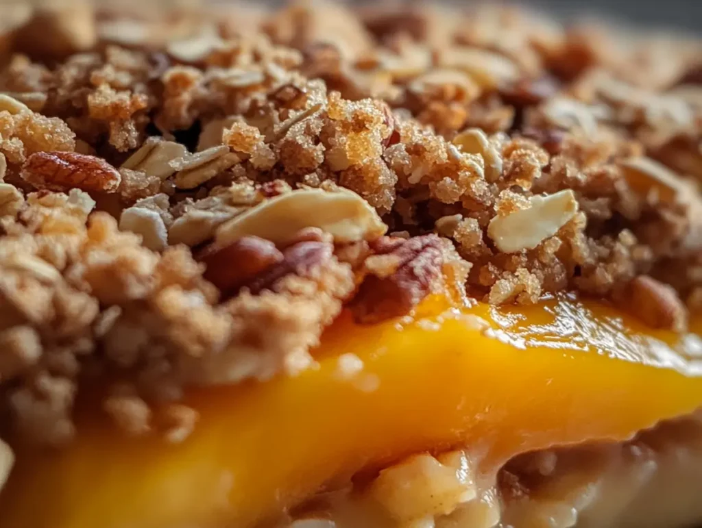 Close-up of peach crumble topping with oats and pecans.