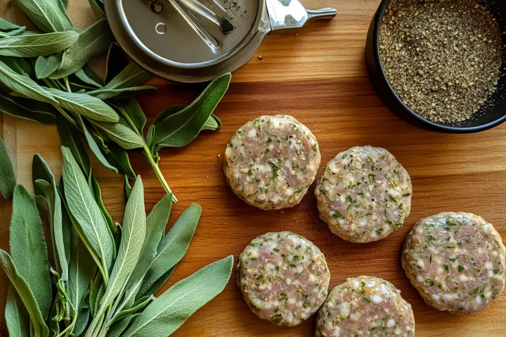  Raw sausage patties with seasoning and sage leaves on a wooden cutting board.