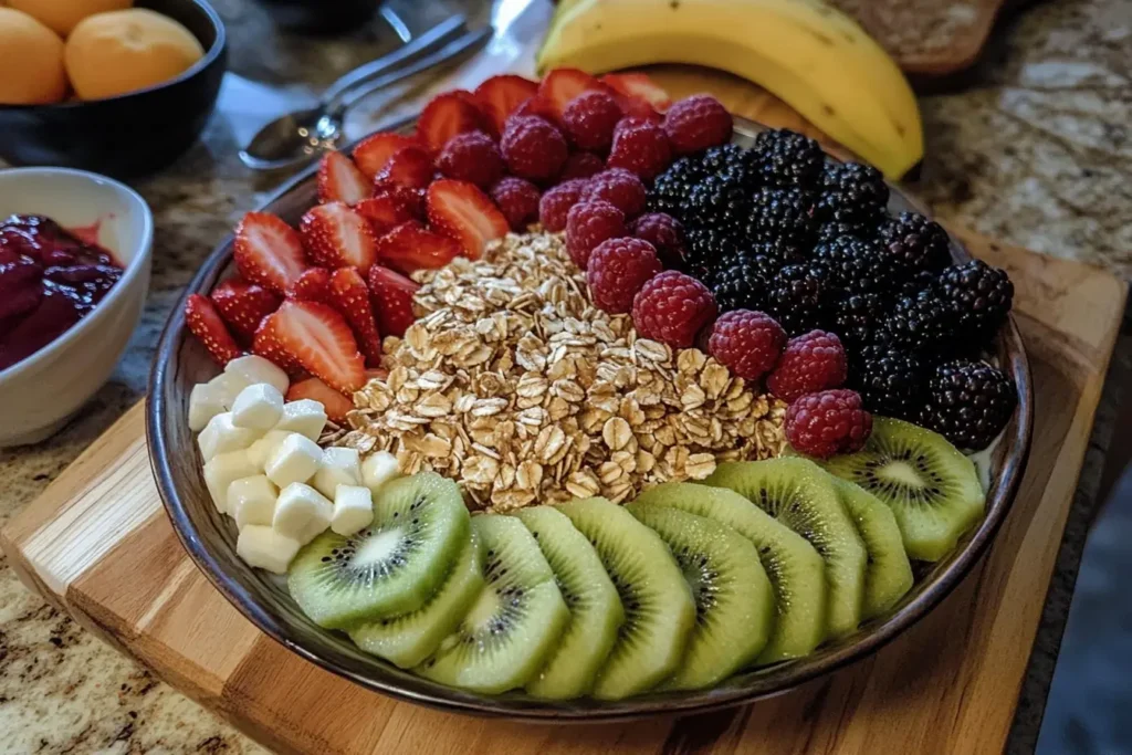 A vibrant smoothie bowl topped with fresh fruits and granola.