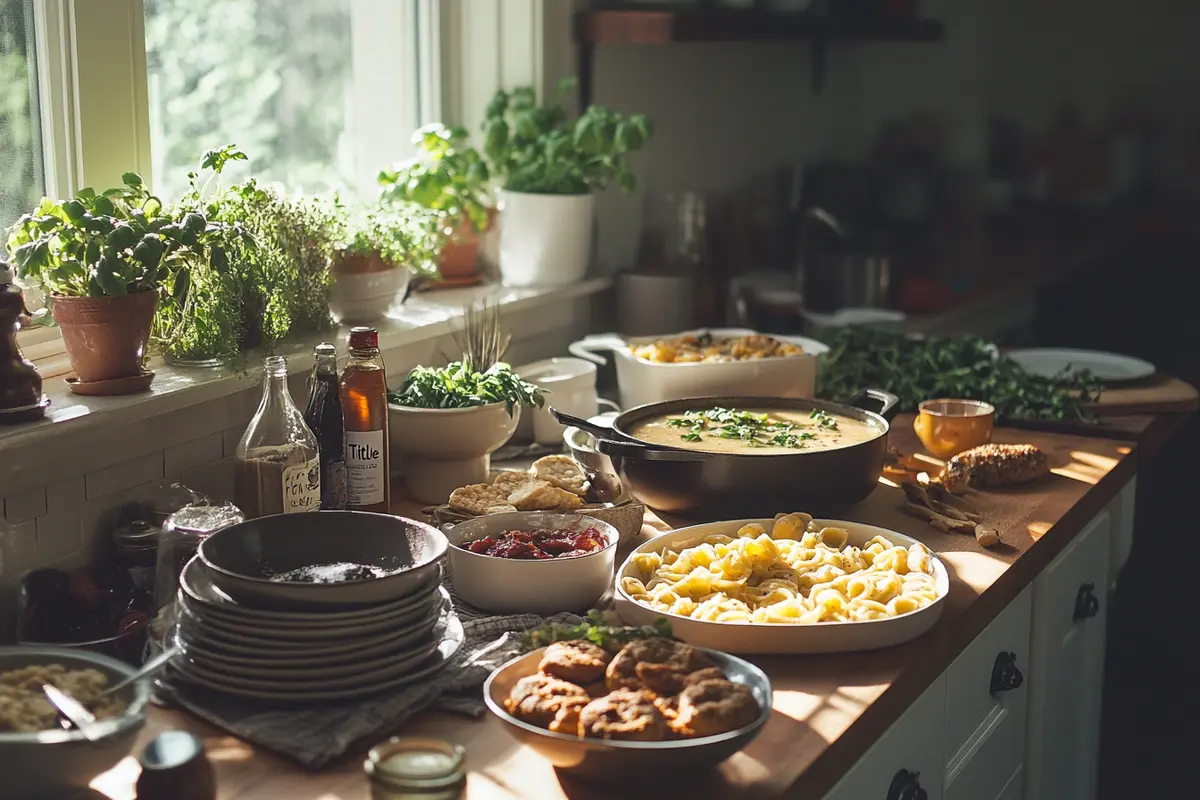 A variety of easy gluten-free dishes on a wooden countertop.